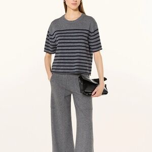 NWT $365 Lisa Yang Cila Stripes Knit T-Shirt In Graphite Gray/Navy Size 2